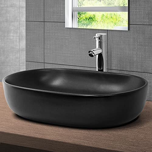 ML-Design Waschbecken aus Keramik in Schwarz matt 600 x 425 x 145 mm, Ovale Aufsatzwaschbecken, Moderne Waschtisch, Waschschale mit Abflussloch, Waschplatz Handwaschbecken, für Badezimmer/Gäste-WC