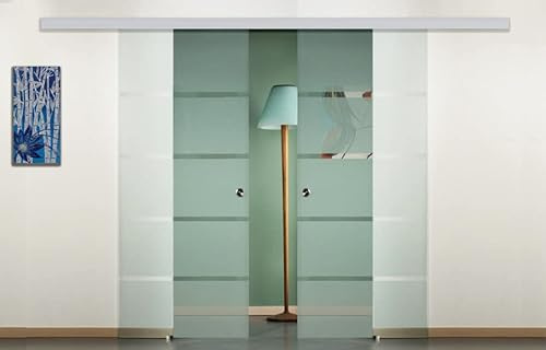 Puerta corredera de doble puerta de cristal con dos puertas contrapuestas con tirador inoxidable (70 + 70 x 215 cm) (cristal rayas transparentes)