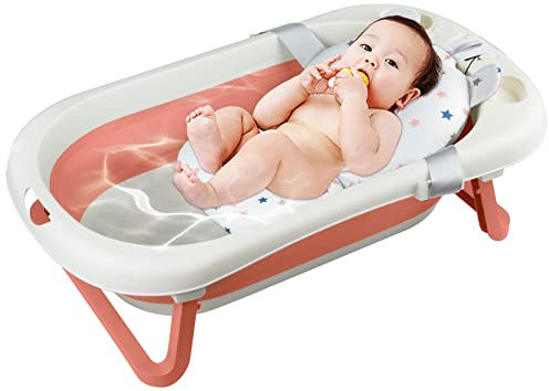 Sinbide Baignoire Bébé Pliable Détection de Température Bassin de Douche Portable avec Coussin pour Bébés de 0 à 6 Ans Antidérapante (Rose)