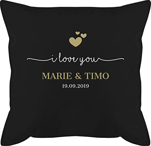 Kissen 50x50 - Ideen - I Love You mit Namen Datum I Partner Geschenk I Paar Geschenk Beziehung I Liebesgeschenk - 50 x 50 cm - Schwarz - personalisierte Geschenke Freund partnerkisen Valentinstag u