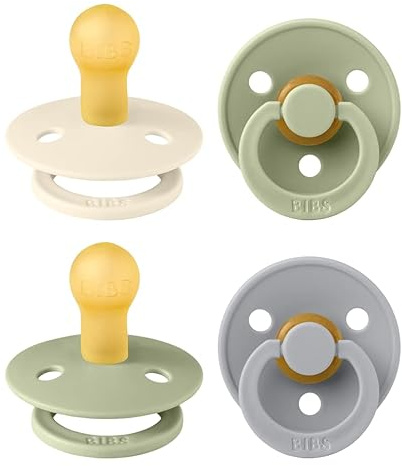 BIBS Colour Dummy, 0-6 Months, 4-Pack, Round Teat, Sage Mix | Natural Rubber Latex | Size 1 | BPA-Free | Made in Denmark | High Teat Acceptance | Airflow Holes | Comfort Shield