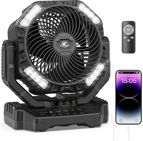 40000mAh Battery Powered Camping Fan - 136H Max Cooling, Rechargeable Battery Operated Oscillating Floor Fan with Charger, Remote & Hook, Portable for Tent Outdoor Patio Garage Hurricane Power Outage