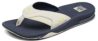 REEF Fanning Men's Bottle Opener Flip Flop, Arch Support, Durable Outsole, Water Friendly, Navy/Oak/Lime, 13