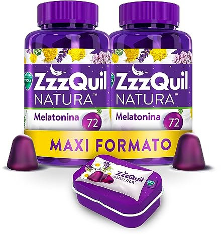 ZzzQuil Natura Integratore con Melatonina pura ed Estratti Di Valeriana Per Dormire, Camomilla e Lavanda, Maxi Formato Frutti Di Bosco 2x72 Gommose + Travel Case Viola