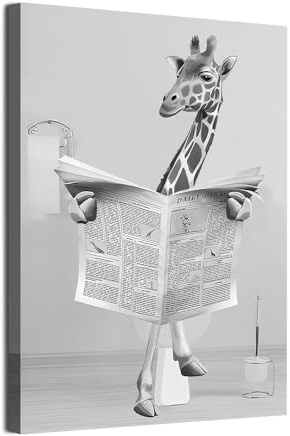 WADBTP Hochgrundkuh Badezimmer Dekoration Bilder, Moderne Schwarz-weiße Tier Bad Wand Dekoration Poster, WC Kuh Lesen Zeitung Home Dekoration Bilder, Rahmenlos (Giraffe 2,40X60CM*1)