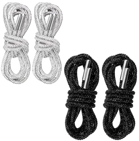 Lot de 2 Paires de Lacets Ronds Avec Strass, Cordons à Capuche Scintillants de 120 cm, Adaptés Pour Baskets, Ceintures de Pantalon, Décoration de Vêtements (Noir, Blanc)