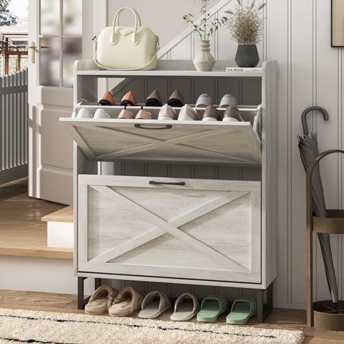 Maupvit Schuhschrank mit 2 Klappschubladen, freistehender Organizer mit Metallbeinen für den Eingangsbereich, schmaler Schuhregal, Schrank, Beige