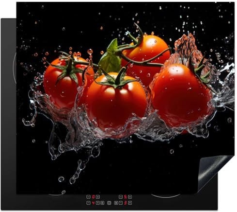 KitchenYeah© Protege Couvre Plaque De Cuisson Décoration Cuisine Tapis Protection Protecteur Induction 60x52 cm Tomates - Noir - Eau - Rouge - Légumes