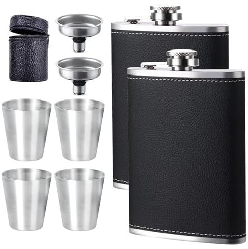 DALAETUS 2 Pièces 8Oz Flasque a Alcool Kit avec 2 Entonnoir et 4 Verres à Vin et 1 Étui en Cuir Zippé, Flasque en Acier Inoxydable, Fiole Alcool pour Hommes Voyage Plein Air Camping Pêche Escalade