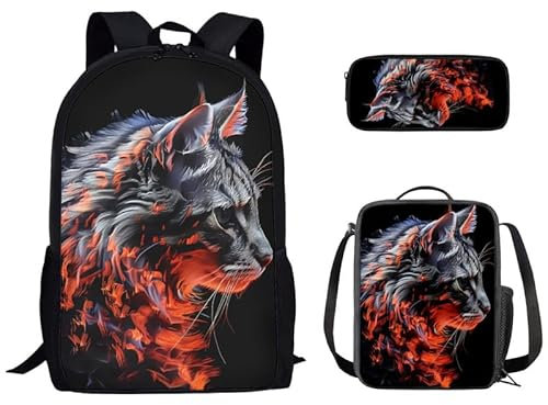 Kuiaobaty Schulrucksack für Kinder, 3 Stück, für Mädchen und Jungen, Dinosaurier, Fußball, Wolf, Pferd, Schultertaschen, Teenager, Studenten, Lunch-Tasche, Federmäppchen, Neuartige Katze
