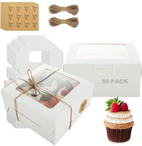 SHUESS 50 Pack Cupcake Boxes 4 Hole with Clear Window - White Cup Cake Boxes - 16 x 16 x 7.5 cm Dessert Box with Removable Inserts, Ideal for Cakes, Cupcakes, Muffins, Pies, Pastries, and Doughnuts