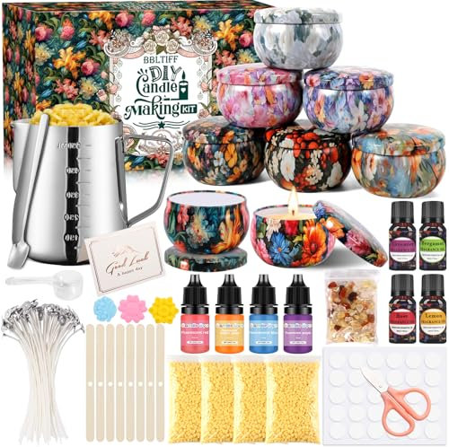 BBLTIFF Kit para Hacer Velas, Kit de Fabricación para Velas, Kit Velas Aromaticas Fabricacion, Incluye 480g Cera de Soja, 8 Latas de Velas, 4 Colores, 4 Aromas, 30 Mechas ¡y Mucho Más