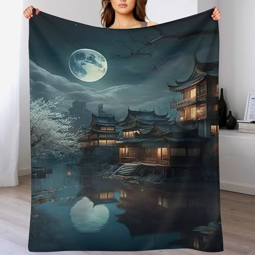 Kirschbaum Japan Kunst Decke Wohndecke Warm & Kuschelig Waschbar, Überwurf Ideal Für Draußen, Camping, Couch, Bett, Reisen – Superweiche Wolldecke（140×180cm）