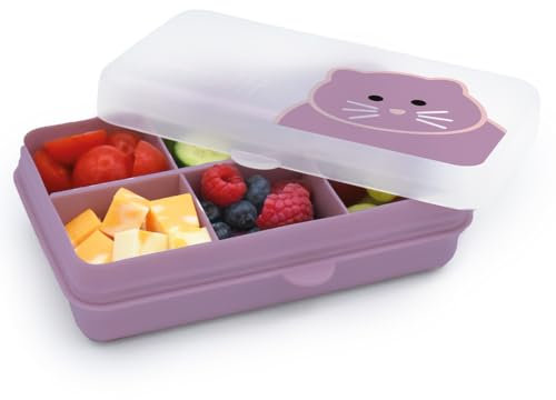melii Mini Snackbox - 6 Fächer, unterteilter Snackbehälter, Lebensmittelaufbewahrung für Kinder und Erwachsene, herausnehmbare Trennwände, Kunst & Handwerk, Perlen, BPA-frei, lila Katze