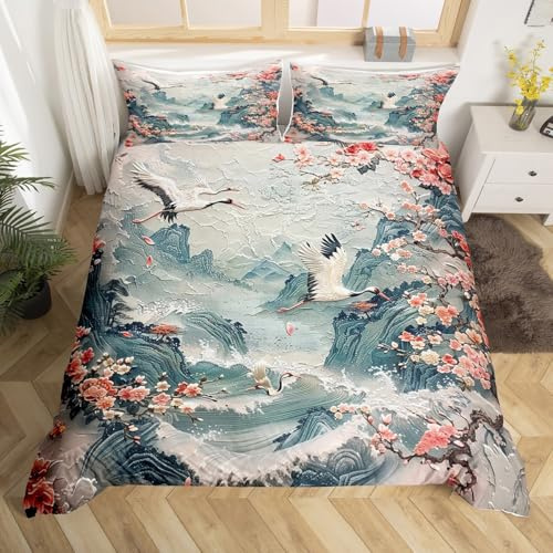 Homewish Kranich Vogel Bettbezug 135x200 | Berg Kirschblüte Bettwäsche Ölgemälde Japanische Tröster Abdeckung Mädchen Erwachsene Frauen Ukiyoe Stil Bettbezug Zimmer
