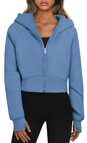 Timuspo Felpa da donna cropped con cappuccio, con cappuccio e cerniera, fodera interna in pile, con cerniera, per autunno e inverno, Blu, L