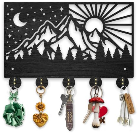 MAYJOYDIY Porte Clef Mural en Bois Forêt de Montagne Soleil et Lune 30×20cm Crochet à Clés pour Mur avec 5 crochets en Alliage Porte Clé Mural pour Chambre à Coucher Cuisine Entrée Bureau