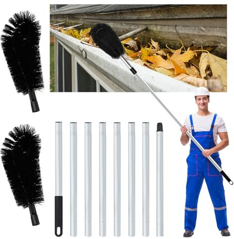 Extendable Gutter Cleaner Brush - 10.5 ft Telescopic Gutter Cleaning Tool with Adjustable Pole, Bendable Brush Head for Roof & Window Cleaning, Remove Leaves Debris Cobwebs