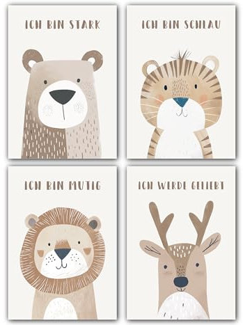 LAVEMA Affirmationsposter Kinder | Bilder Kinderzimmer A4 (21x30cm) Poster | Tiere Beige | Deko Bilder Mädchen und Jungen Affirmationen