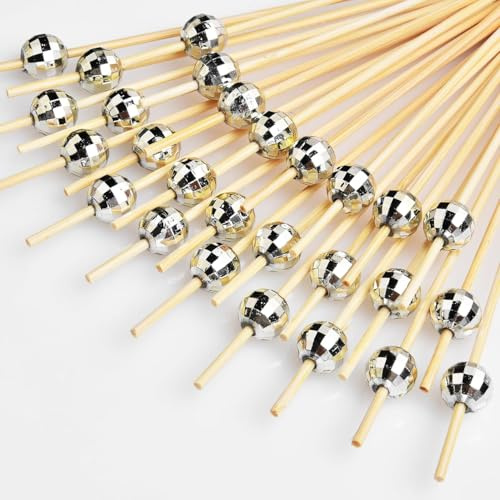 VITEVER 100PCS Cocktailspieße, Disco Ball Dekorative Zahnstocher für Vorspeisen, Fancy Bambus Spieße für Vorspeisen Getränke Essen Disco Party Dekorationen, 4.7 Inch Long Silver Wooden Cocktail Stick