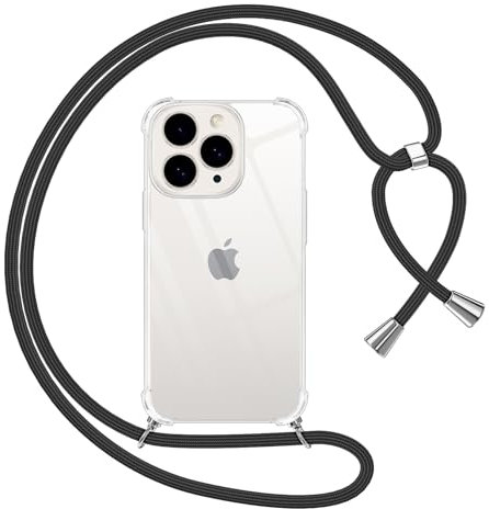 Phoona Crossbody Lanyard Case for iPhone 12 Pro Max 6,7 with Strap, Necklace Mobile Phone Cover with Adjustable Neck Strap, Clear Transparent TPU Soft Phone Cover with Neck Cord-Black