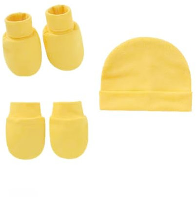 AMateschitz Mütze und Handschuhe Set Baby Babymütze und Fäustlinge Einfarbige Strickmützen mit Handschuhen und Fußdecke Neugeborene Wintermütze Beanie Infant Gelb-3 Sets Einheitsgröße