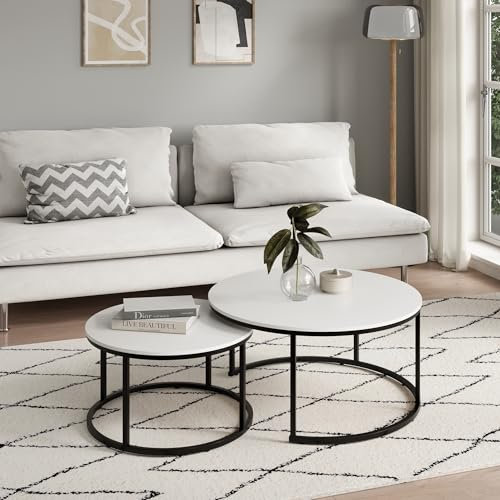 Couchtisch 2er Set rund aus Holz, Wohnzimmertisch Modern, Beistelltisch Set 2 in 1 mit Metallgestell für Wohnzimmer Büro Beistelltisch Loft Design Twin | Weiß
