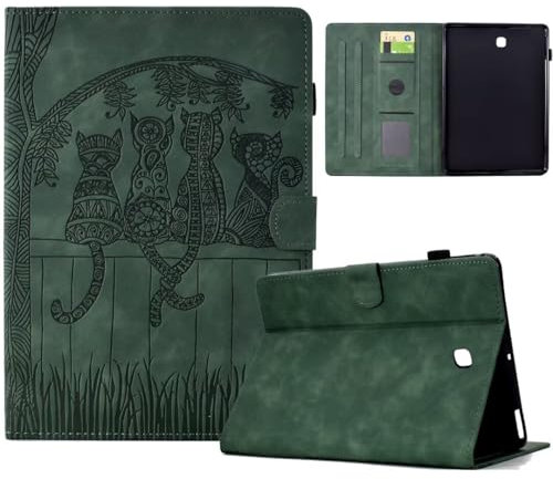 Vaitasy Funda para Samsung Galaxy Tab S2 9.7 2015 SM-T810/T815 Simpática Silueta de Gato Cuero PU con Multiángulo Folio Carcasa para Galaxy Tab S2 9.7 Verde Oscuro