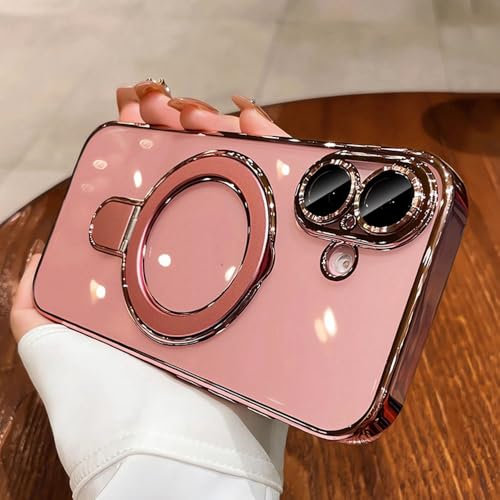 PYYLTTP Per iPhone 16 Pro Max Custodia di lusso placcatura trasparente acrilico supporto magnetico Cover per iPhone 15 14 13 12 Pro Max 16 Plus, rosa, per iPhone 16 Plus