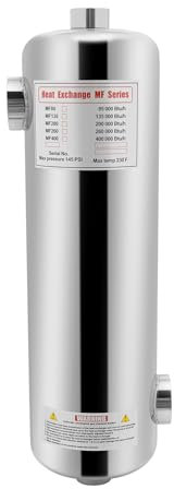 whsiodj Scambiatore di calore per piscina in acciaio inox SS304, 60 kW, 55GPM, connettore inverso, 200 kBtu h, resistente all'acqua salata, compatto, 5 x 19 pollici, caldaia solare a legna per bagni