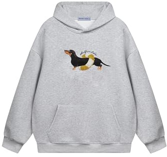 Aelfric Eden Cartoon Dog Hoodie Herren Dackel Kapuzenpullover Damen Oversized Hoody Dachshund Sweatshirt Y2K Unisex Hooded mit Muster Basic Sport Oberteile mit Kapuze Streetwear Grau, XL