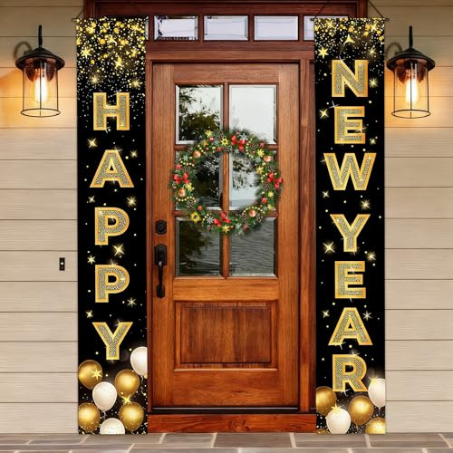 Frohes Neues Jahr Tür Banner,Silvester Door Decoration, für Haustuere Draußen Haustür Veranda Winter Neujahr, Schwarz-Gold 180 x 30cm