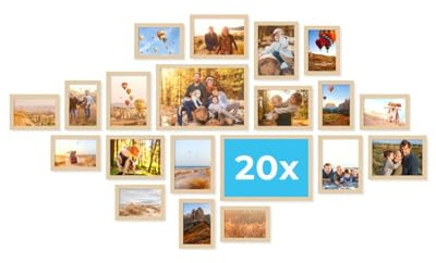 PHOTOLINI Bilderrahmen Set verschiedene Größen, Bilderwand Collage 20 Rahmen, Bilderrahmen-Set Natur Holz MDF zum Aufstellen & Aufhängen, Acrylglas, photo frames for wall 10x15, 13x18 & A4 / 21x30 cm