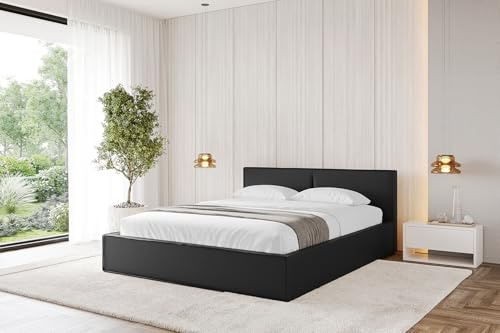 ALTDECOR Polsterbett mit Bettkasten und Lattenrost, Bett mit Kopfteil, Boxbett ohne Matratze, Doppelbett mit Stauraum - EMMI-v1-120x200 Schwarz Kunstleder