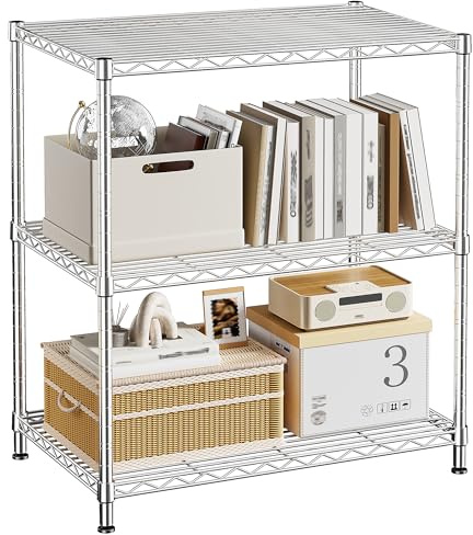 REIBII 3-Tier Shelving Unit, 35D x 60W x 76H cm Storage Shelves, Height Adjustable Wire Rack, 150 KG Thickened Silver Chrome, Standing Shelf Organizer for Living Room, Kitchen, Bathroom, Narrow Space