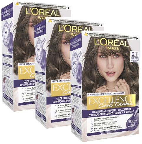 L'Oréal Paris Pack 3 Excellence Cool Creme 6.11 Rubio Oscuro Ceniza | Pack de 3, Tinte permanente, Triple Cuidado con Pro-Keratina, Tecnología Violeta Antianaranjado, Cool Creme