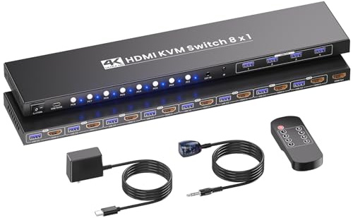 HDMI KVM Switch 8 PC 1 Monitore, USB 3.0 4K60 Hz 8 Port KVM Switch, 8 Computer Teilen Sich 1 Satz Tastatur-Maus-Monitor und 4 USB-3.0-Ports für Peripheriegeräte