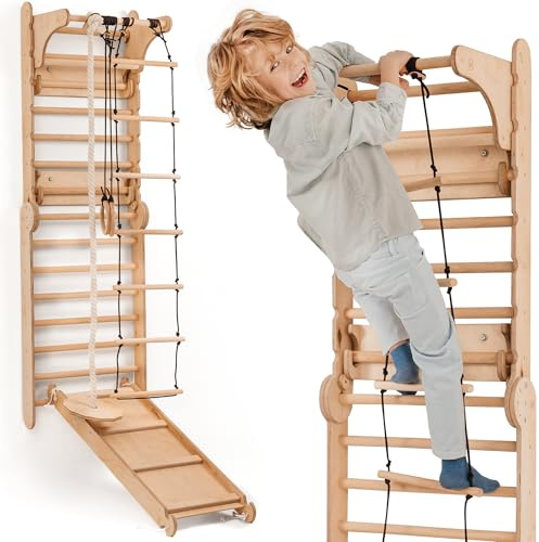 Goodevas Holz Indoor Klettergerüst im Montessori-Stil, Natur – Kletterrahmen mit Schwedenwand, Rutsche & Dreieckleiter für Kinder 2–12 Jahre