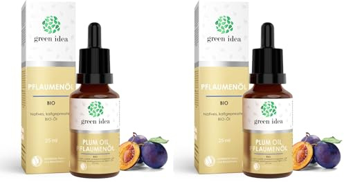 Green idea - Pflaumenöl BIO Gesichtsöl 100% Rein, Natürlich, Kaltgepresst | Pflege für Haut, Haare, Lippen und Nägel | Tägliche Gesichtspflege mit NaTrue-Zertifikat | Glasflasche und Pipette 25 ml