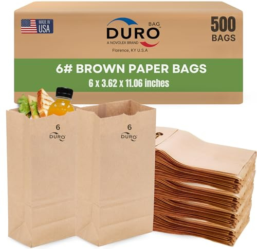 Duro 6# Kraft Paper Lunch Bags 500 Count - Bulk Disposable Paper Sacks, Dubl Life SOS Brown Bag for Candy, Snacks & Treats - 6.00 x3.62 x 11.06 Inches
