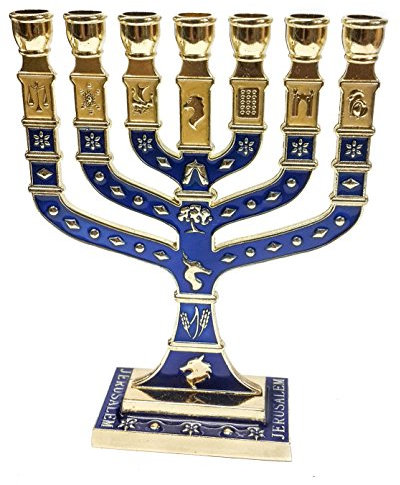 Goldene Menora 7 Zweige 12 Stämme Israels Jerusalem Menora blaue Emaille 11,9 cm