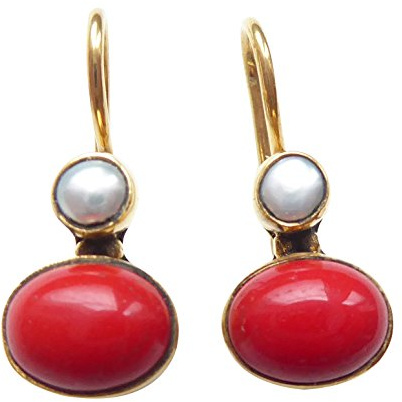 Kleine Korallen-Ohrringe orange-rot echte Süßwasser-Perle Hänger verschließbar Silber vergoldet leicht Handarbeit Unikat Italien Retro Geburtstag Geschenk