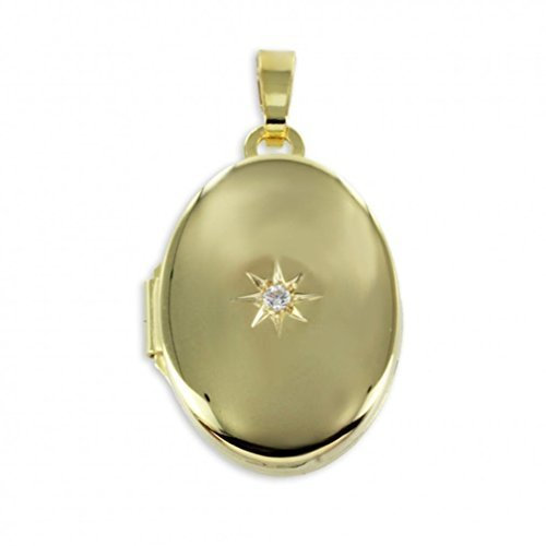 Medaillon 333 Gold Oval Anhänger mit Zirkonia für 2 Fotos