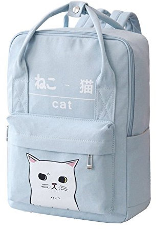 Rucksack in japanischem und koreanischem Stil, mit Kawaii-Katze, für Damen und Mädchen (Hellblau, L)