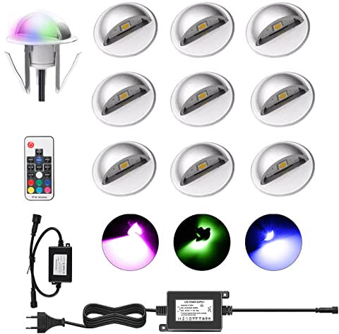 YZGWZLD RGB Terrassen Einbaustrahler Terrassenbeleuchtung 10er Set LED Bodeneinbaustrahler IP65 wasserdicht für außen innen Garten Holzbrücke Pool Holzdeck inkl. 12V Netzteil mini Einbauspots