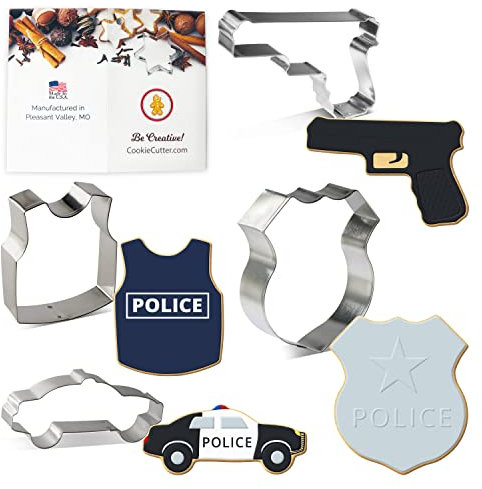 Foose Ausstechformen Polizei, 4-teiliges Set – 10,8 cm Polizeiabzeichen, 10,2 cm Polizeiauto, 10,2 cm Handpistole, 8,9 cm kugelsichere Weste, handgefertigt in den USA