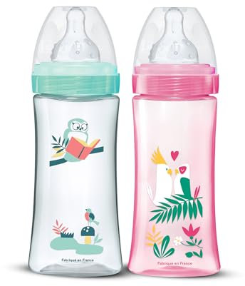 DODIE Lot de 2 Biberons Anti-Coliques Tétines Rondes 330ml +6 mois 3 vitesses Débit 3 - Rose et vert