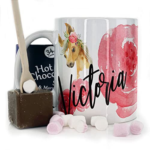 Personalised Mug and Belgian Milk Chocolate/Hot Chocolate Stirrer Marshmallow Gift Set, Custom Name (11oz) White, Yellow, Blue, Black, Pink Mug with Name on Palomino Pony & Rose Flower Print Design