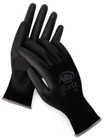 Alfa 24 Paar Malerhandschuhe schwarz Größe 9 - L Profi-Qualität PU-beschichtete Nylon-Feinstrickhandschuhe, gefühlsecht und sehr gutes Fingerspitzengefüh