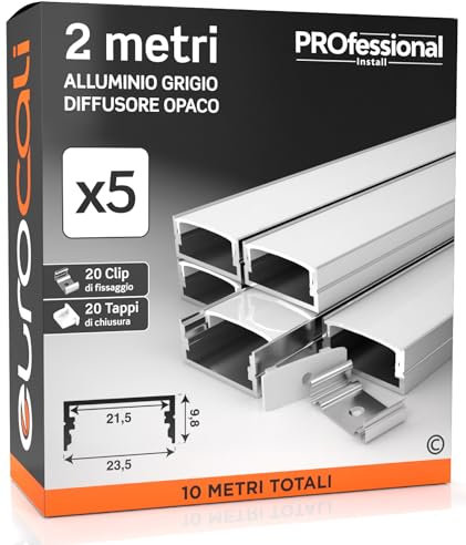 Eurocali 5x Profili da 2 metri (10mt) in Alluminio grigio per Strisce LED Schermatura Opaca ingombro max striscia led 21.5mm - 23.5 x 9.8